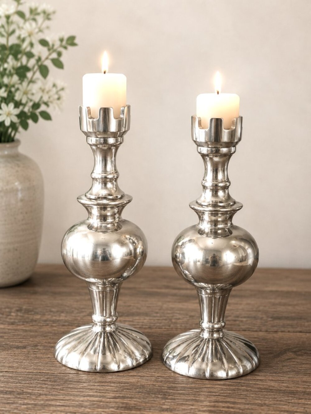 Vintage Silver Tone Metal Candlesticks Pair -Made in India- 8.25" Heavy Tapered